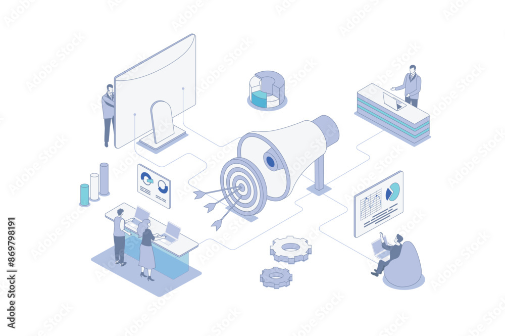 Aufkleber digital marketing isometric concept in outline isometry design for web. people attracting audience, 