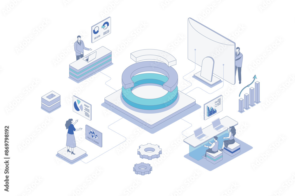 Poster Data analysis isometric concept in outline isometry design for web. People studying diagram and chart, researching statistics for financial reports, analyzing graph dashboard. Vector illustration.