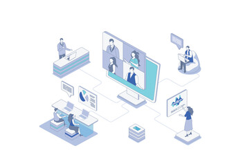 Business meeting isometric concept in outline isometry design for web. People connectingin by video work call, discussing tasks with boss, showing presentation and brainstorming. Vector illustration.