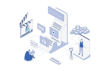 Obraz premium Blogging isometric concept in outline isometry design for web. People creating new content in social media and blogs, posting and sharing video to followers, makes promotion. Vector illustration.