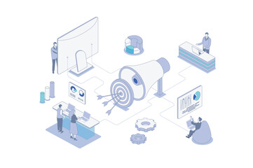 Digital marketing isometric concept in outline isometry design for web. People attracting audience, targeting goals, making online promotion and advertising in social networks. Vector illustration.