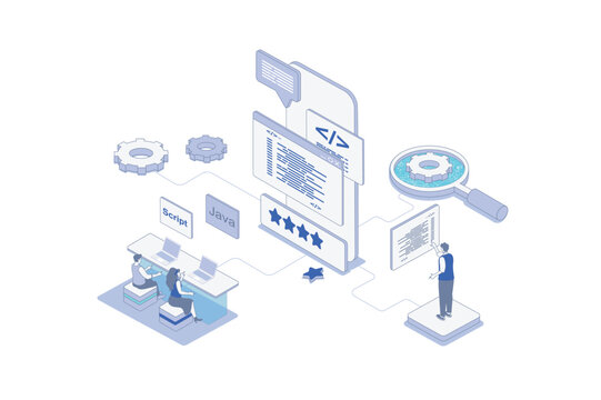 App development isometric concept in outline isometry design for web. People making mobile phone layouts, programming application interface with scripts, coding app and software. Vector illustration.