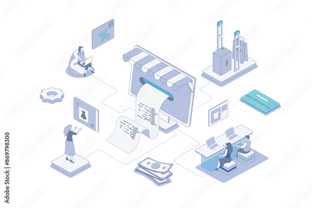 Poster online shopping isometric concept in outline isometry design for web. people making purchases, payin
