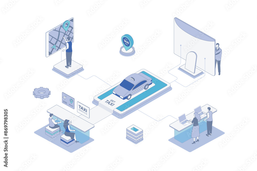 Aufkleber Taxi service isometric concept in outline isometry design for web. People ordering car online with mobile app or computer, passenger tracking route at digital map in application. Vector illustration.