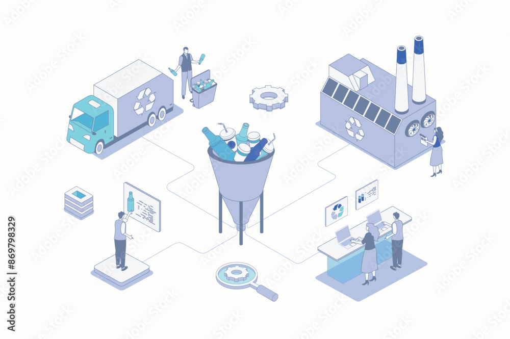 Aufkleber Waste management isometric concept in outline isometry design for web. People collecting disposal garbage, reduce plastic using, separating garbage for recycling factory process. Vector illustration.