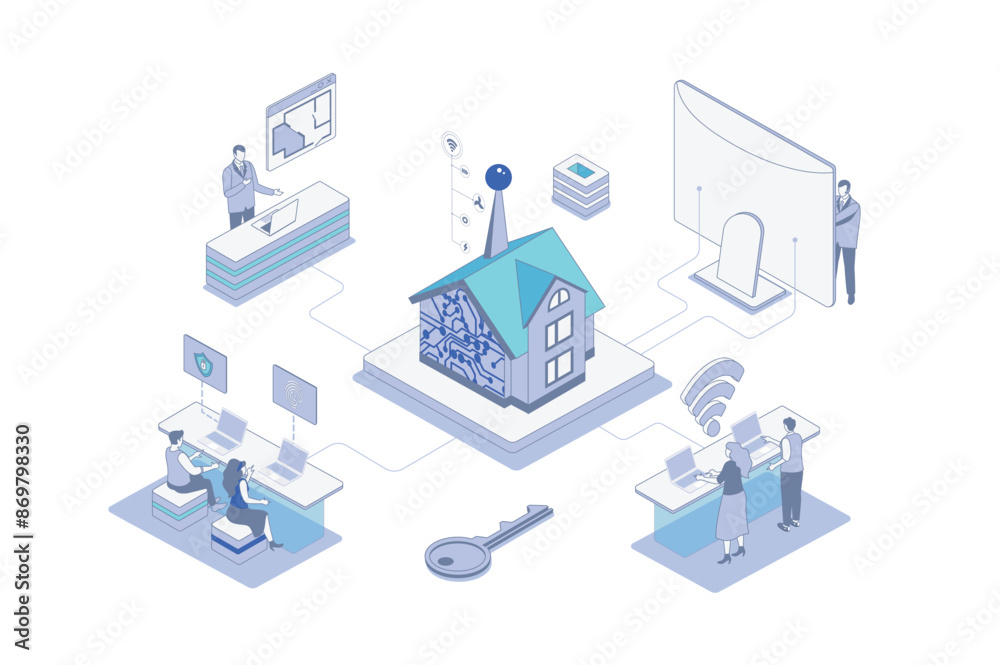 Leinwandbilder smart home isometric concept in outline isometry design for web. people monitoring and controlling s