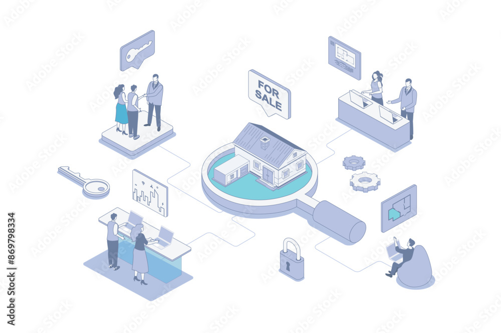 Poster real estate isometric concept in outline isometry design for web. people choosing and buying new hou