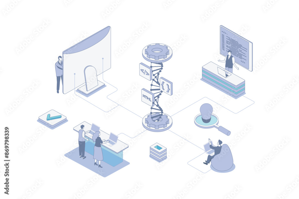 Poster Web development isometric concept in outline isometry design for web. People prototyping website inner structure and coding, working on ui ux for mobile apps and pages layouts. Vector illustration.