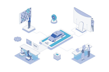 Obraz premium Taxi service isometric concept in outline isometry design for web. People ordering car online with mobile app or computer, passenger tracking route at digital map in application. Vector illustration.