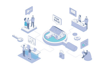 Fototapeta premium Real estate isometric concept in outline isometry design for web. People choosing and buying new house with realtor agency, getting bank mortgage, investing in building property. Vector illustration.