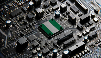 Close-up of a complex circuit board with a prominent microchip adorned with the Nigeria flag, highlighting Nigeria leadership in the global tech industry