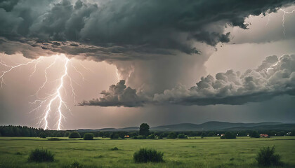 helle zuckende Blitze donnernd in dunklen tosenden Gewitter Wolken voll dichtem Regen Unwetter über Land ziehend Starkregen Umwelt Katastrophe Überschwemmung Blitzschlag