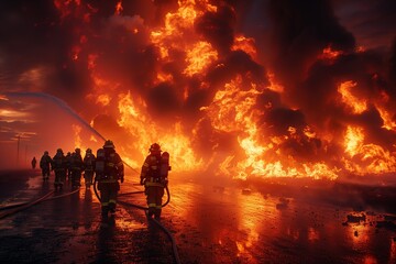 Fototapeta premium Firefighters Battling Large Blaze During Nighttime Operations