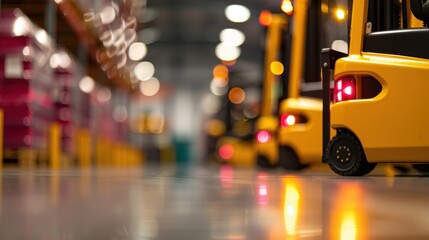 Forklifts and pallet jacks moving merchandise around a well-lit warehouse floor, highlighting the teamwork and coordination required for seamless supply chain operations.