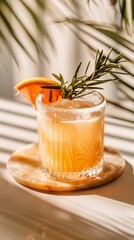 Cocktail in pink glass, with rosemary and grapefruit slice