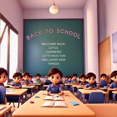 Back to school template blackboard with kids in the classroom kids ready to learn to begin together. Back to school children in classroom.