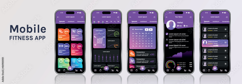 Poster a mobile application for fitness and health with a modern design. the program interface is built on 