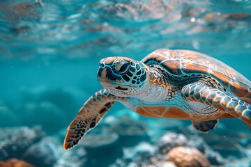 Fototapeta premium Sea turtle moving gracefully through clear blue water with copy space. Represents underwater world, concept for marine life education and biodiversity conservation theme