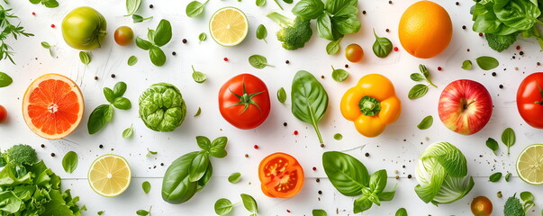 Assortment of fresh organic fruits and vegetables. Includes pepper, apple, tomato, spinach, lime, lemon. Banner. Flat lay. Top view. Organic food, farm markets, vegetarian diet concept