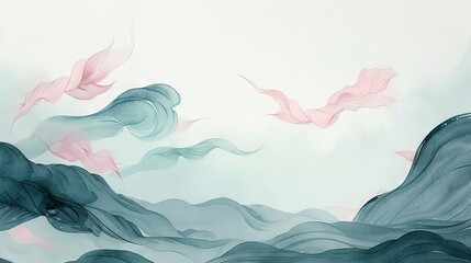   A painting portrays a flock of avians soaring above a water expanse adorned with vibrant pink and azure swirls