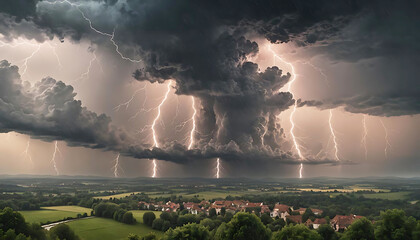 helle zuckende Blitze donnernd in dunklen tosenden Gewitter Wolken voll dichtem Regen Unwetter &uuml;ber Land ziehend Starkregen Umwelt Katastrophe &Uuml;berschwemmung Blitzschlag