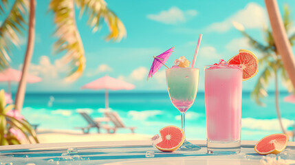 Obraz premium Colorful summer drinks on a table with a beach and palm trees in the background, with a pink, orange, blue, and yellow color palette 