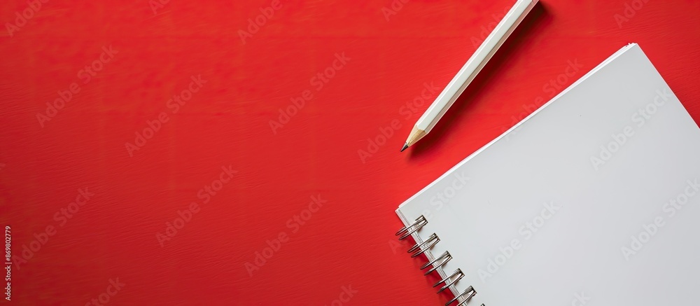 Poster Top view of white and red notepads with a white pencil on a red background, suitable for educational or business concepts, featuring ample copy space image.