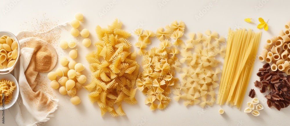 Poster various types of uncooked pasta like penne, fusilli, farfalle, and spaghetti arranged on a light con