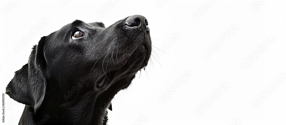 Poster A black Labrador Retriever gazes upward in a portrait isolated on a white background, providing ample copy space on the right side for text or graphics.