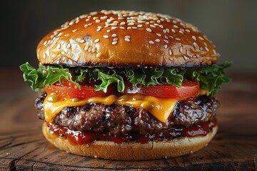 Savory American Classic Cheeseburger on Rustic Wooden Table