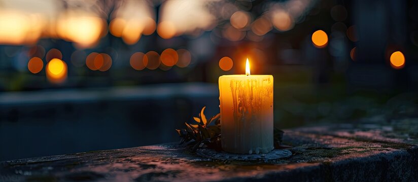 A candle is lit and positioned at the tomb near an apartment during a visit to a deceased relative's grave, with focused blur. Ideal for copy space images.
