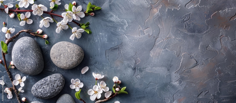 Poster An image representing a spa salon with symbolic objects for stone therapy procedures. It depicts a balance of rocks and flowers in a close-up top-view shot with a background and space for text.