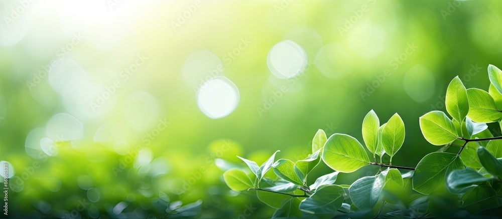 Poster Blurry bokeh background featuring a green leaf with copy space image for a fresh, abstract, natural backdrop.