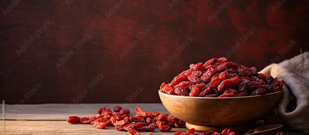 Poster Light background enhances bowl filled with dried barberries, creating an appealing copy space image.