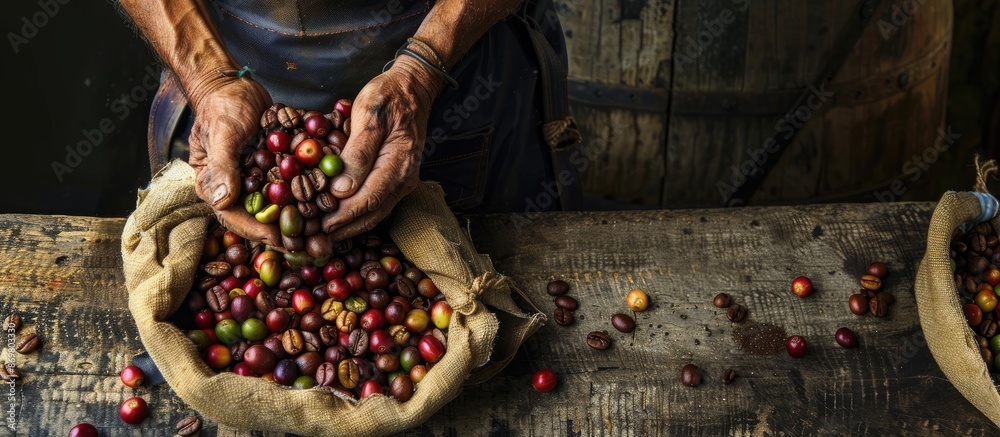 Poster a farmer displays parchment coffee beans of varied hues, showcasing the harvest with a rustic backdr
