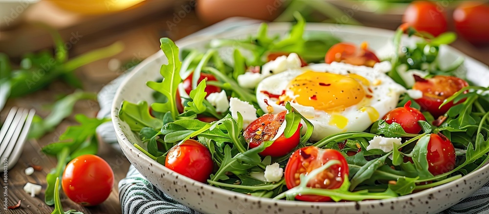 Poster arugula salad with cherry tomatoes, cheese, and egg in a bowl on a table with selective focus for a 