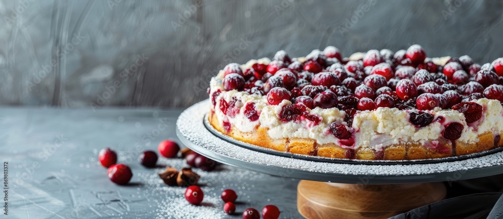 Poster a cottage cheese pie casserole topped with cranberries and spices, dusted in powdered sugar, display