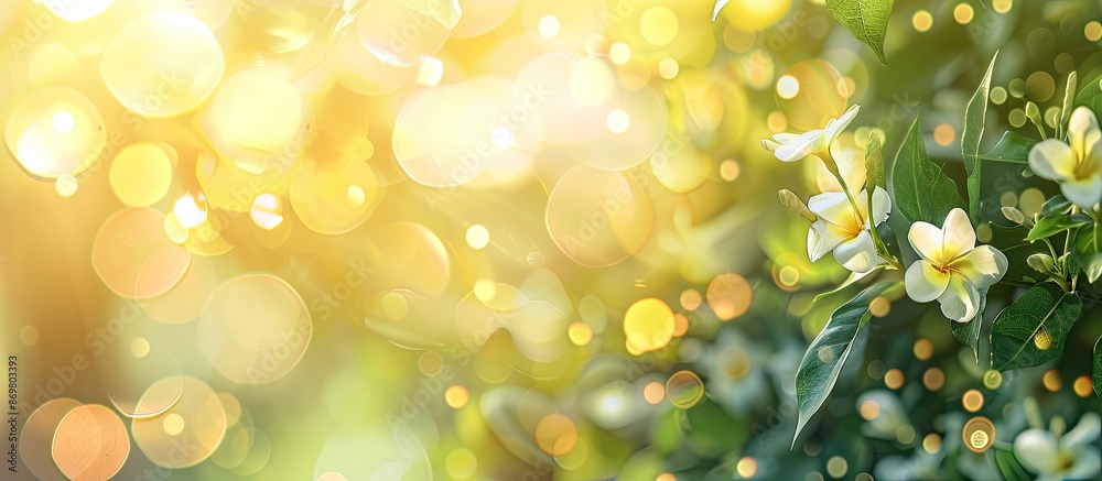 Aufkleber green blurred background with a yellow tint featuring bokeh circles surrounding wildflowers and leav