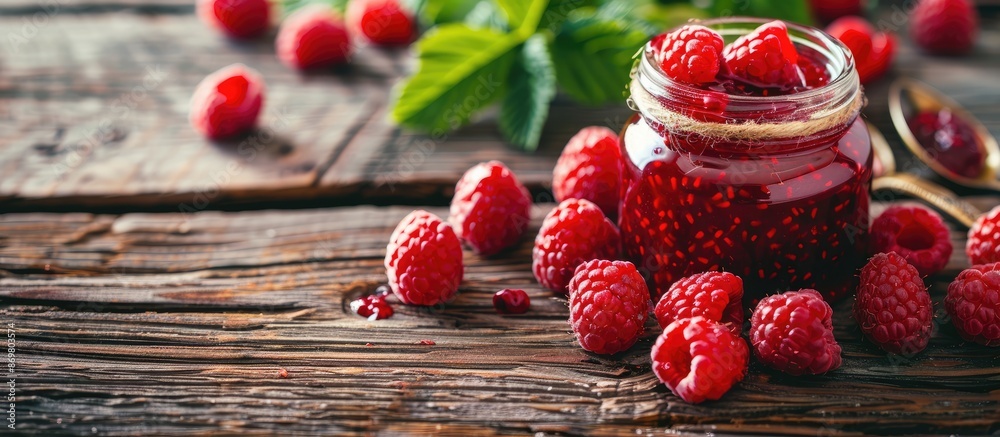 Poster Picture of raspberry jam in a glass jar displayed on a rustic wooden table, with ample space for additional text or graphics.
