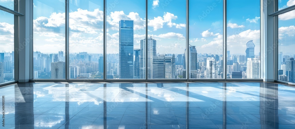 Poster an expansive urban view seen from an unoccupied floor with a prominent cityscape in the background, 
