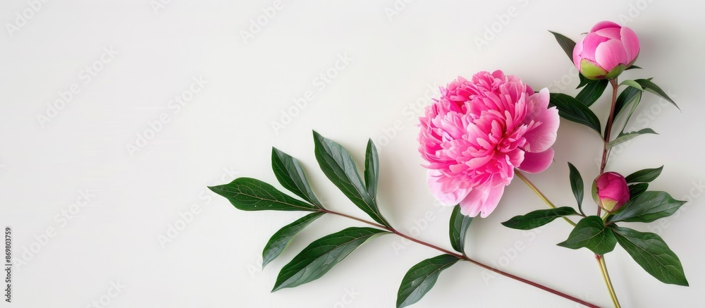 Poster pink peony with green leaves against a white backdrop emphasizing the copy space image.