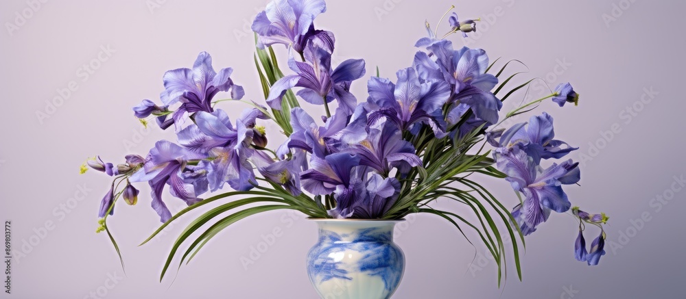 Poster Festive greeting card displaying copy space image for various occasions featuring a vase with violet irises xiphium.