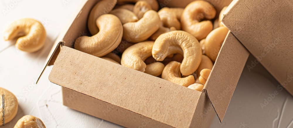 Poster an image showcasing a close-up of a cashew nut in a brown box on a white background, emphasizing the