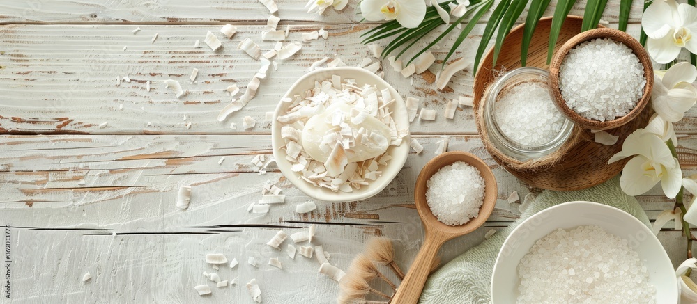 Poster white wood table with coconut moisturizer cream and bath salt, showcasing a serene setting with a co