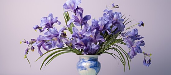 Festive greeting card displaying copy space image for various occasions featuring a vase with violet irises xiphium.