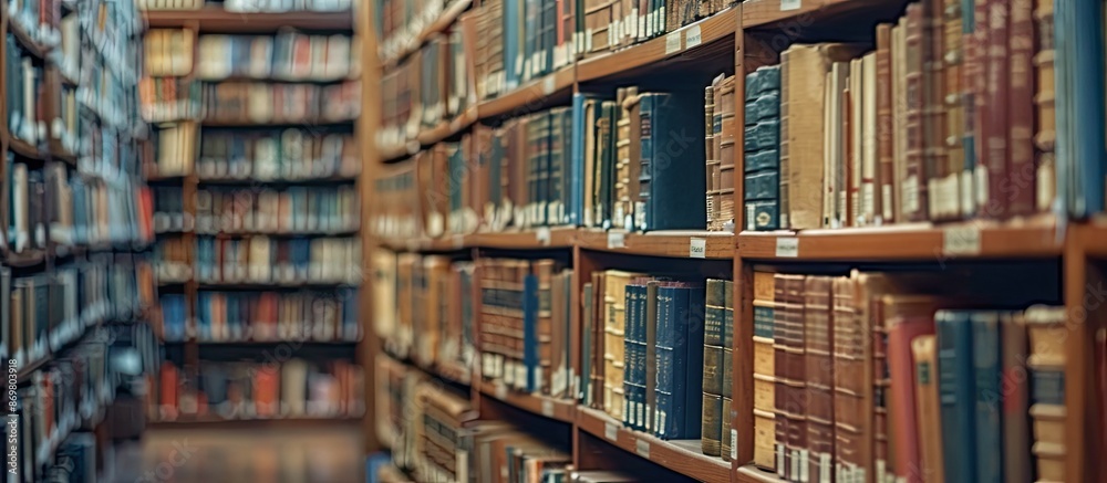 Leinwandbilder Books neatly stacked in a library setting with ample copy space image available for use.