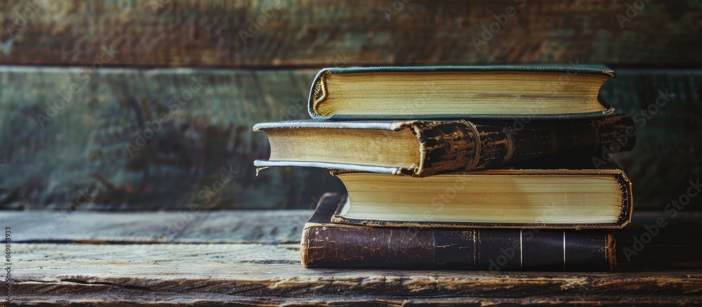 Poster Back to school vibes with a stack of hardcover books atop a wooden table, offering a suitable backdrop for a copy space image.