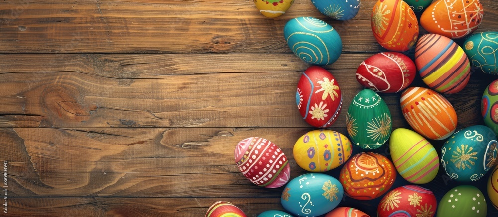Poster colorful easter eggs displayed on a wooden surface with a blank area available for additional images