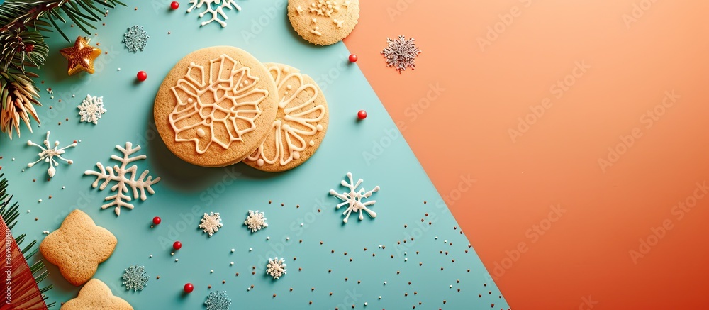 Poster a top view of christmas cookies with one freshly baked cookie emerging from the oven, set against a 