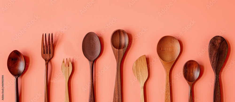 Poster wooden cutlery set on a peach backdrop with ample copy space image.